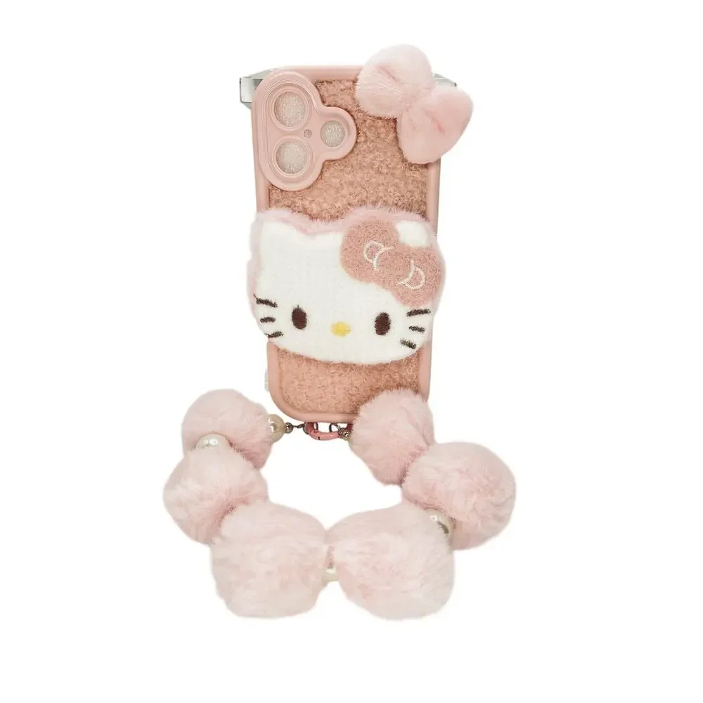 Hello Kitty Faux Fur Teddy PomPom Pastel Pink Kawaii Case Wrislet IPhone 17 Cute